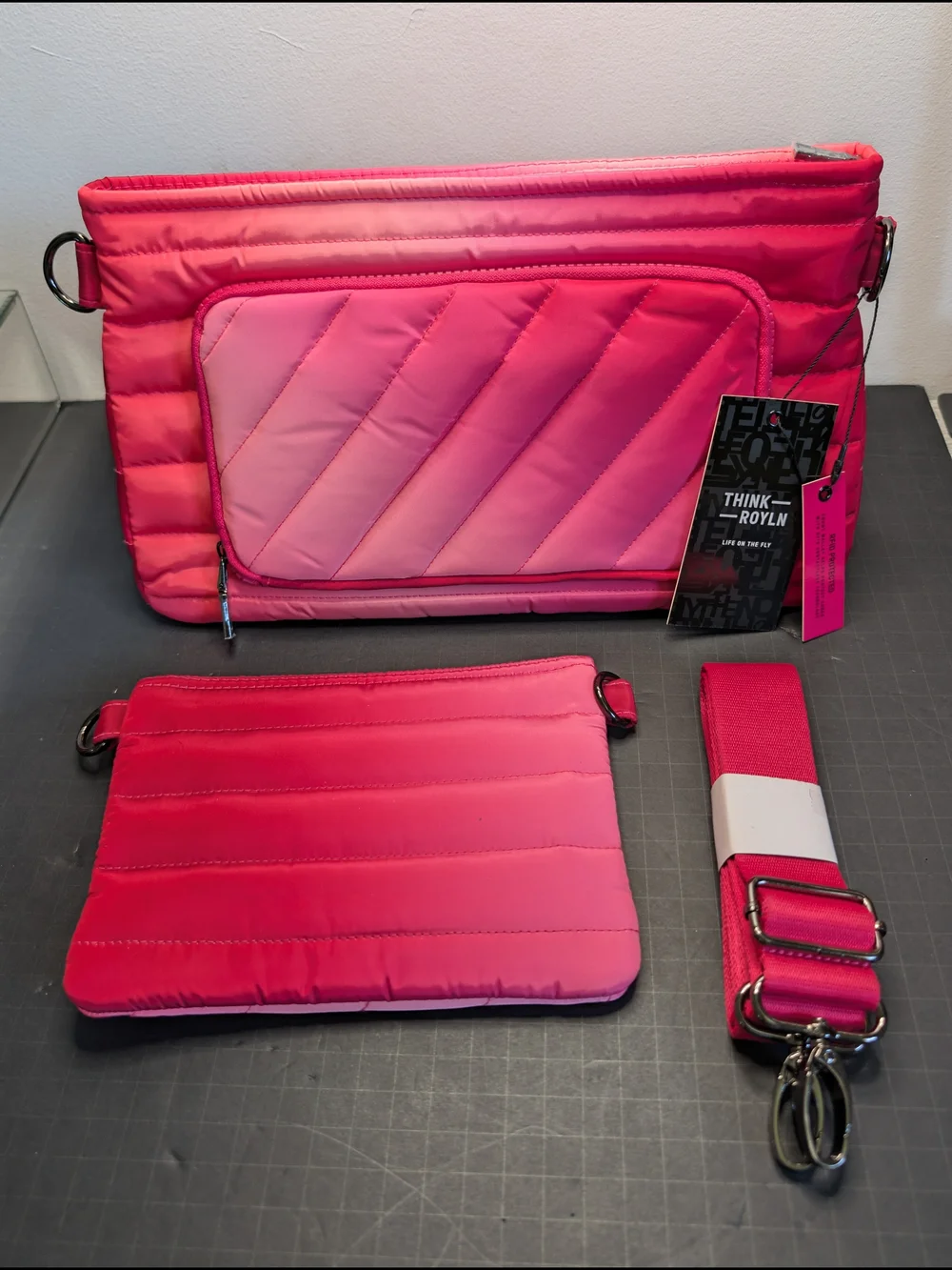 THINK ROYLN Pink Ombre Quilted Crossbody Bag Zip Silver Hardware Strap & Pouch